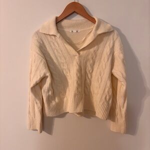 GU Cream Cable Knit Collared V-Neck Sweater M EUC